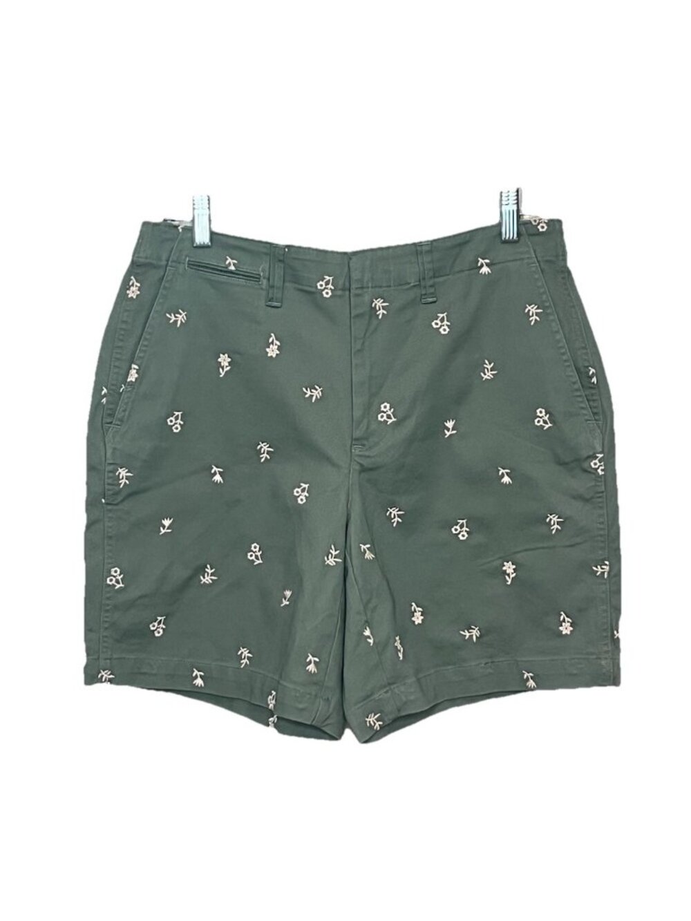 Lands End Embroidered Bermuda Chino Shorts Sz 8 Olive Green Floral Cotton Stretc